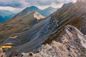 View from the Bepi Zac roped climbing trail toward the Passo delle Selle, Costabella Ridge, Marmolada group, Dolomites, Fassa Valley, Trento province, Trentino-Alto Adige, Italy View from the Bepi Zac roped climbing trail toward the Passo delle Selle, Costabella Ridge, Marmolada group, Dolomites, Fassa Valley, Trento province, Trentino-Alto Adige, Italy